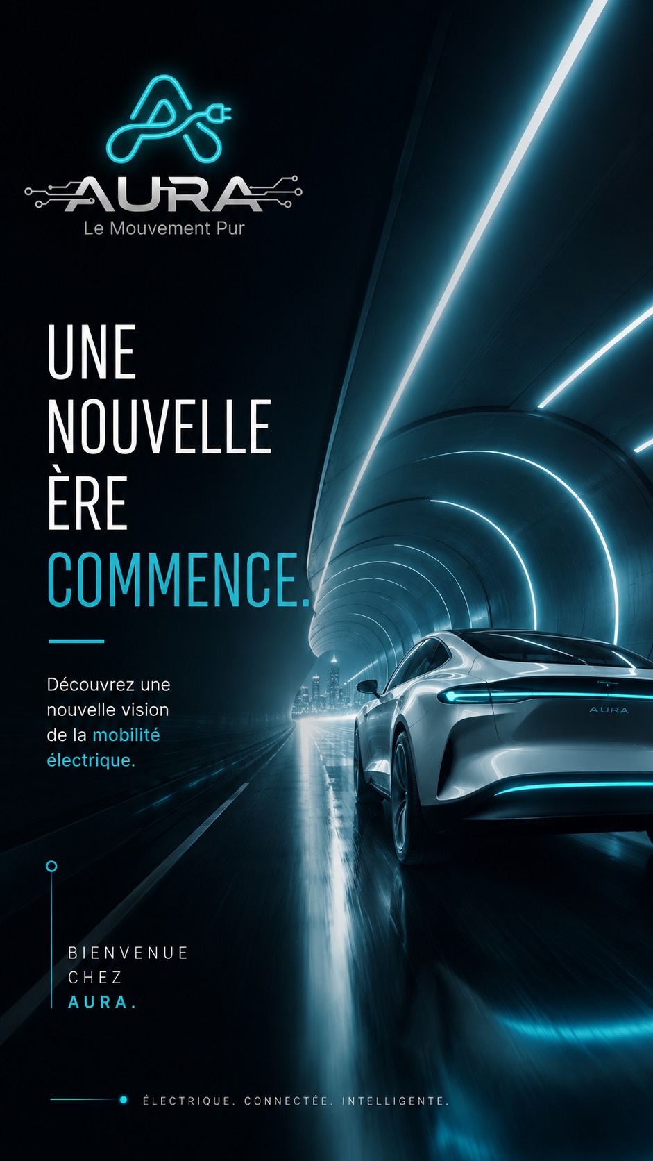 Visuel vertical AURA dans un tunnel futuriste